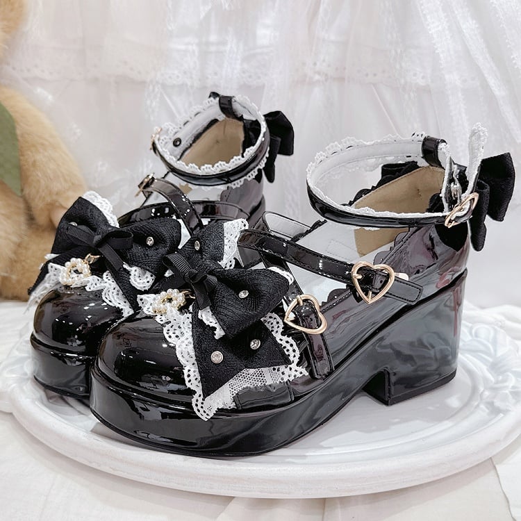 Polished Black Jirai Kei Bow at Top Crisscross Design Heart Buckles Platform High Block Heels Shoes