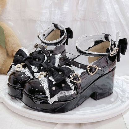 Polished Black Jirai Kei Bow at Top Crisscross Design Heart Buckles Platform High Block Heels Shoes