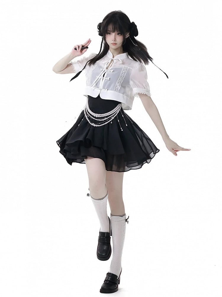 White Banded Collar Beaded Cuffs Cheongsam Style Knot Buttons Coverup