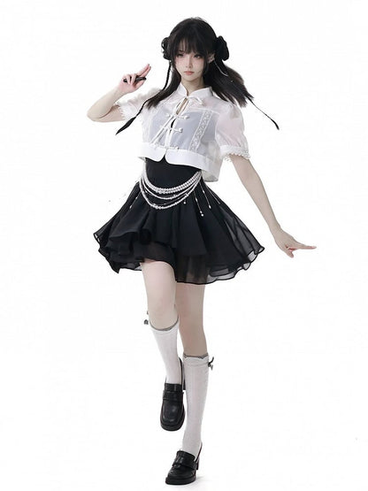 White Banded Collar Beaded Cuffs Cheongsam Style Knot Buttons Coverup