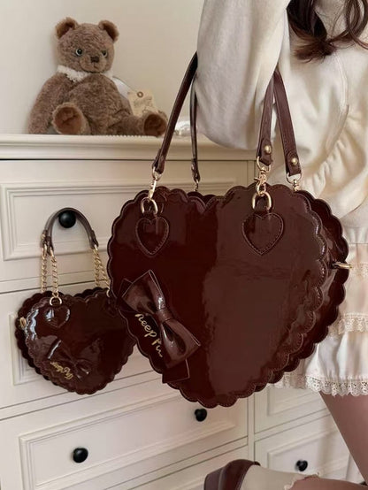 2-Way Heart Cookie Bag in Brown PU - Lolita Style with Bow Decor & Zipper Closure