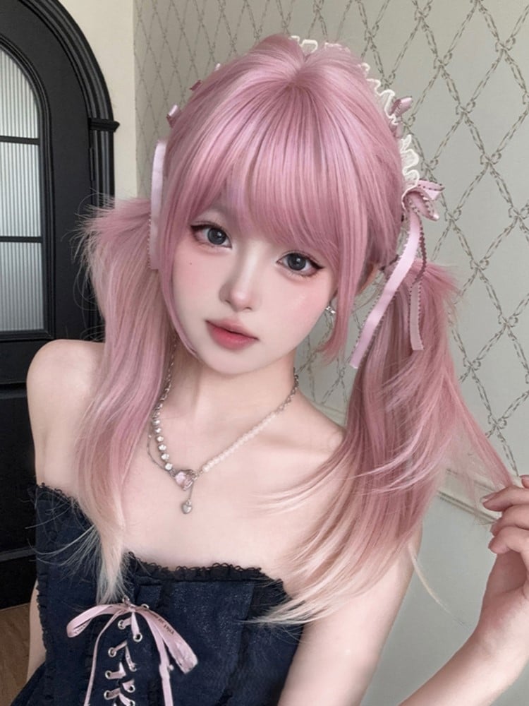 Pink Ombre Hair Color 68CM Length Straight Wig With Air Bangs