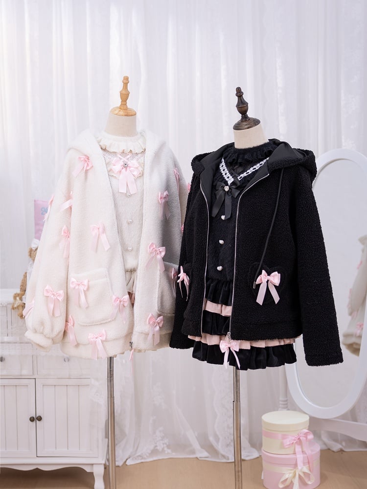 Allover Pink Bows Jirai Kei Bunny Ears Hooded White Fleece Zip Hoodie