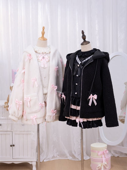 Allover Pink Bows Jirai Kei Bunny Ears Hooded White Fleece Zip Hoodie