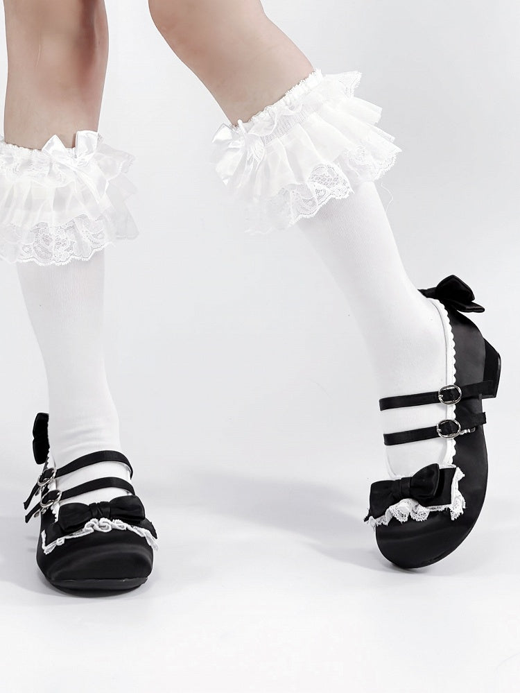 Black Sweet Lolita Low-heel Shoes - Round Toe with Ruffle Lace, Bow Decor & Paired Buckles