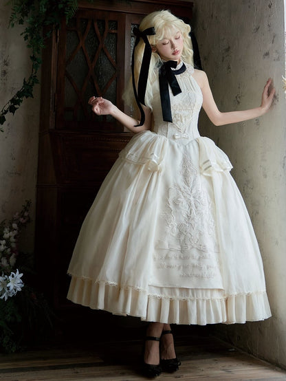 Creamy Delicate Embroidery Detail Classic Lolita Backless Halter Neck Dress