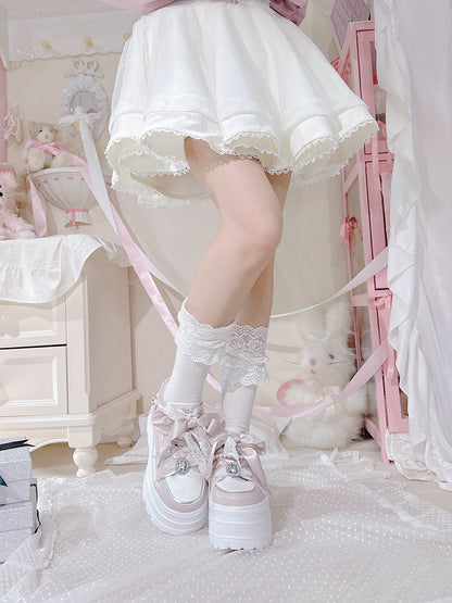 Jirai Kei Pink Rhinestone Platform Shoes with Detachable Beaded Chain