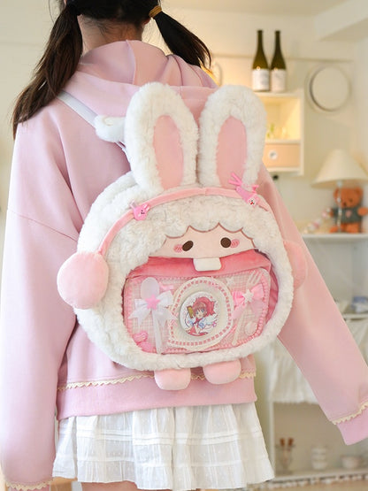 White And Pink Cute Rabbit-shaped Plush Ita Bag Backpack