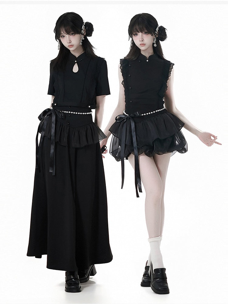 Black Cheongsam Collar Bead Details Short Sleeves Top