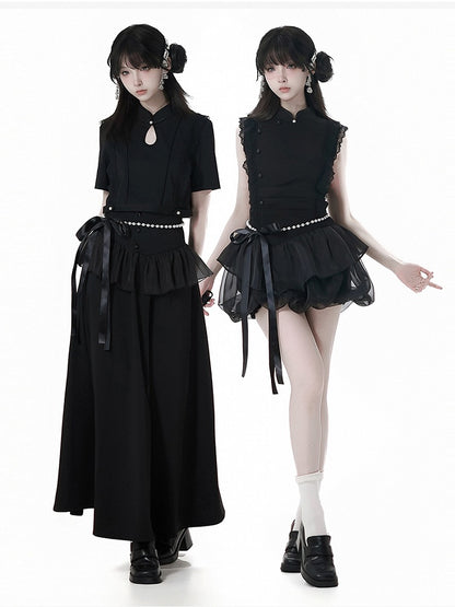 Black Cheongsam Collar Bead Details Short Sleeves Top