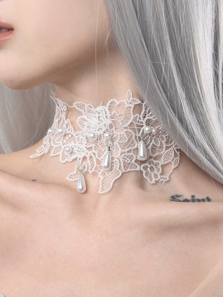 White Bead Details Lace Applique Choker