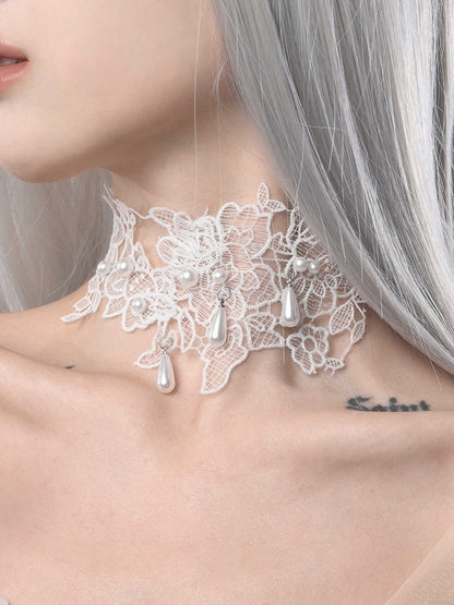 White Bead Details Lace Applique Choker