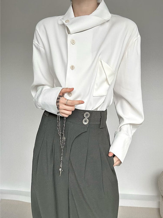 Ouji Lolita Vintage White Shirt with Asymmetrical Collar & Buttoned Placket