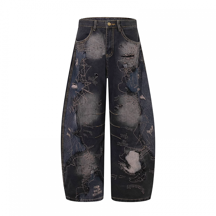 Black Low Rise Distressed Holes Raw Hem Wide-leg Jeans