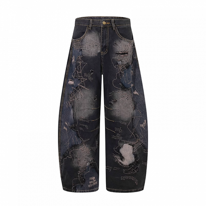 Black Low Rise Distressed Holes Raw Hem Wide-leg Jeans