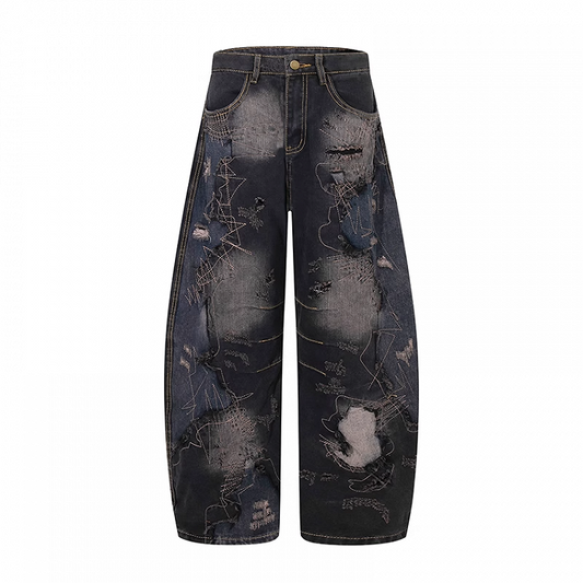 Black Low Rise Distressed Holes Raw Hem Wide-leg Jeans