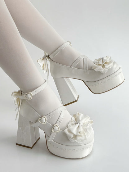White Lolita Lace Bowknot Fork Embroidery Platform Block High Heels