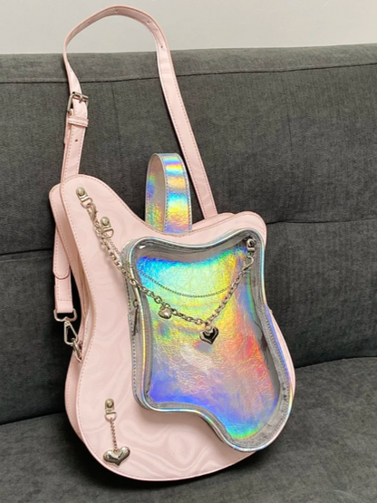 Dreamy 2-Way Y2K Style Cute Pink Guitar-Shaped Ita Bag With Heart Chain Accents