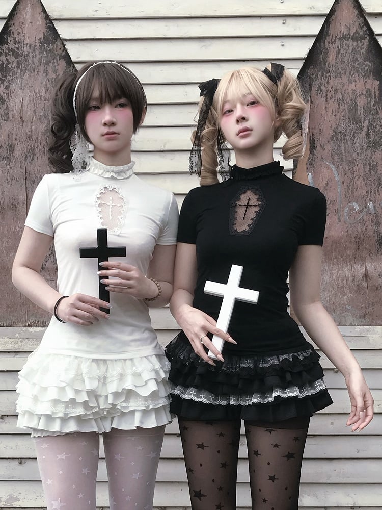 Gothic Black/White Elastic Waist Tiered Cross Lace Trim Bloomers Skort