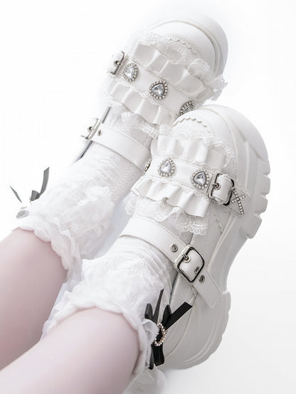 White Bittersweet Rhinestone Heart Details Cross Charm Ruffles Trim Platforms