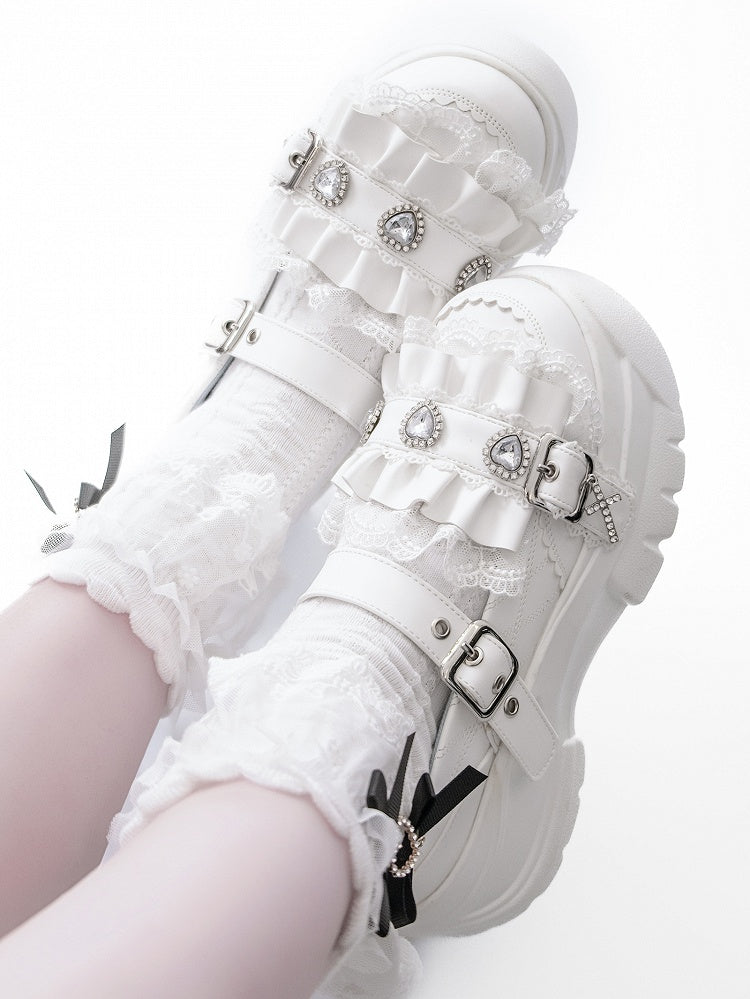 White Bittersweet Rhinestone Heart Details Cross Charm Ruffles Trim Platforms