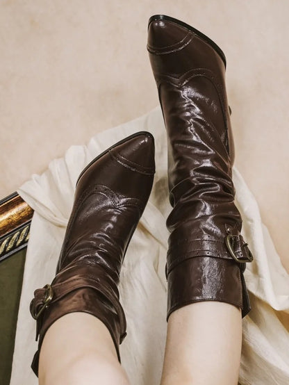 PU Dark Brown Elegant Lolita Stacked Boots - Slip-In Pointed Toe with Foldable Cuff & Buckle Accents