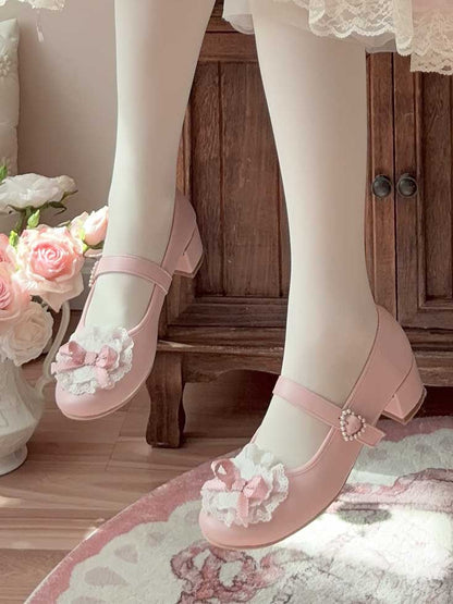 Pink Bow at Top Lace Trim Beaded Heart Buckles Lolita Shoes
