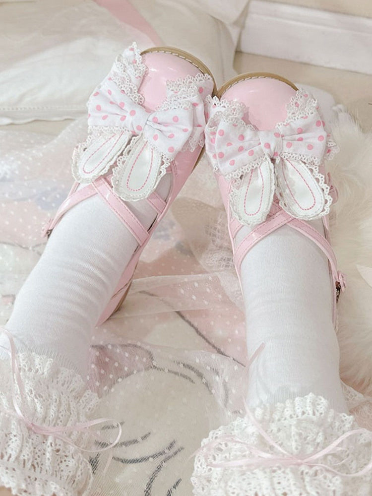 Pink&White Crisscross Design Bunny Ear Polka-dot Pattern Bow at Top Lolita Shoes