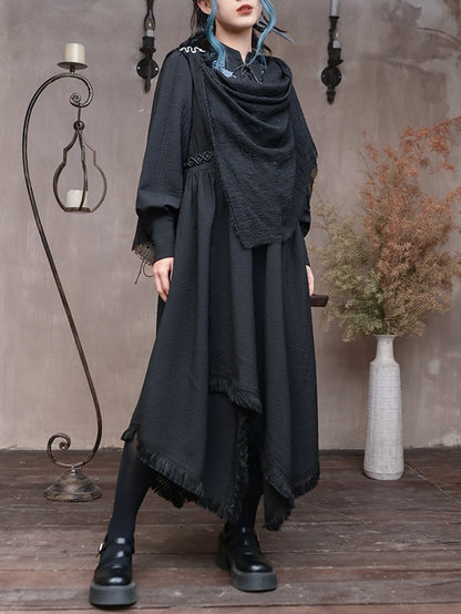 Blue Seahorse Embroidery Tassel Hem Black Cheongsam Style Dress with Lace-up Detail at Front