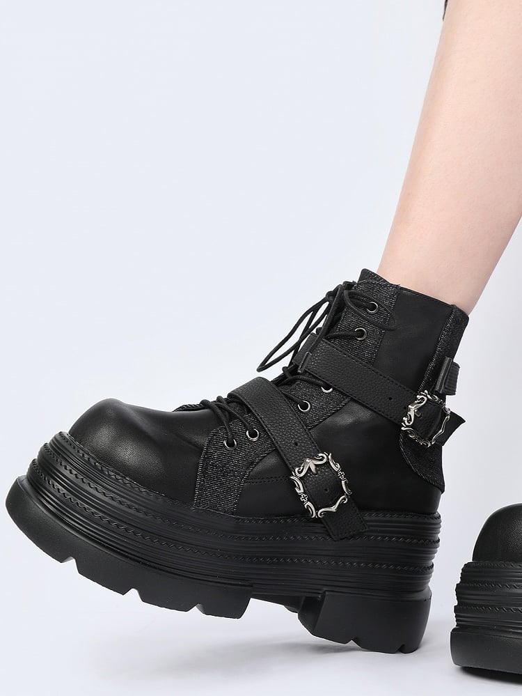 Punk Rock Black Platform Ankle Boots with Inner Zipper, Buckle Straps & Lace-Up Design