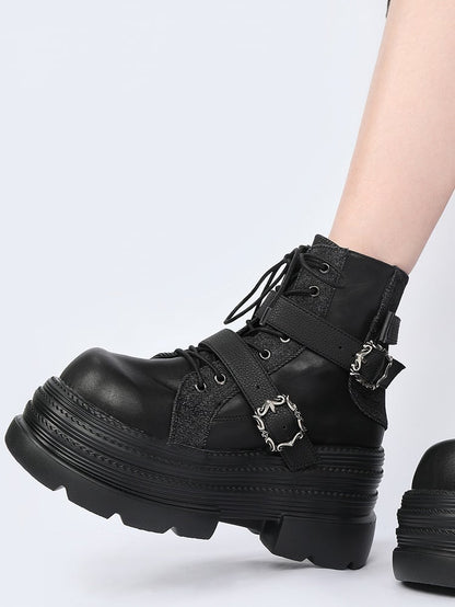 Punk Rock Black Platform Ankle Boots with Inner Zipper, Buckle Straps & Lace-Up Design