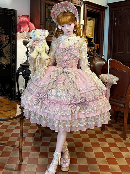 Pink Flower Bead Chain Bow Neckline Gorgeous Princess Lolita Dress