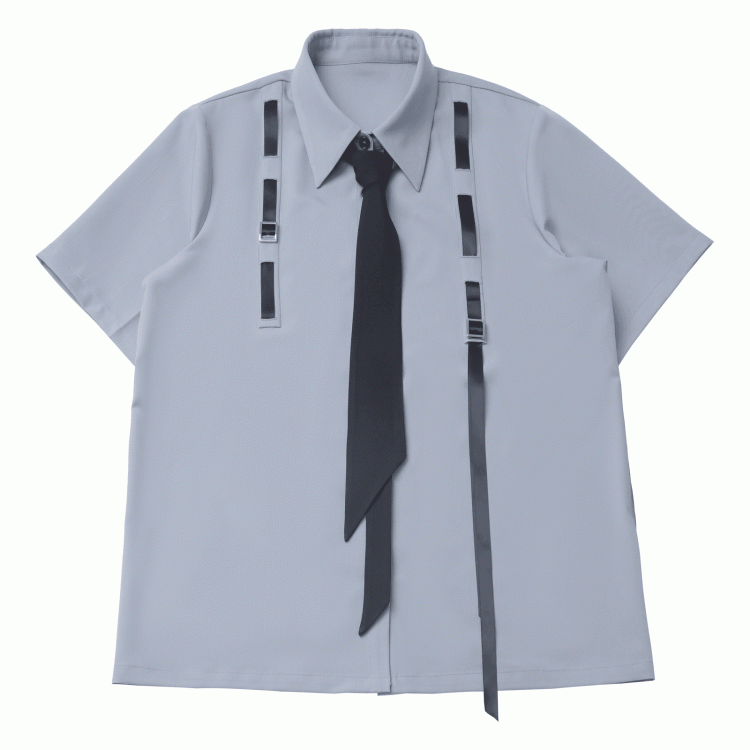 Blue Preppy Style Short Sleeves Shirt with Free Tie