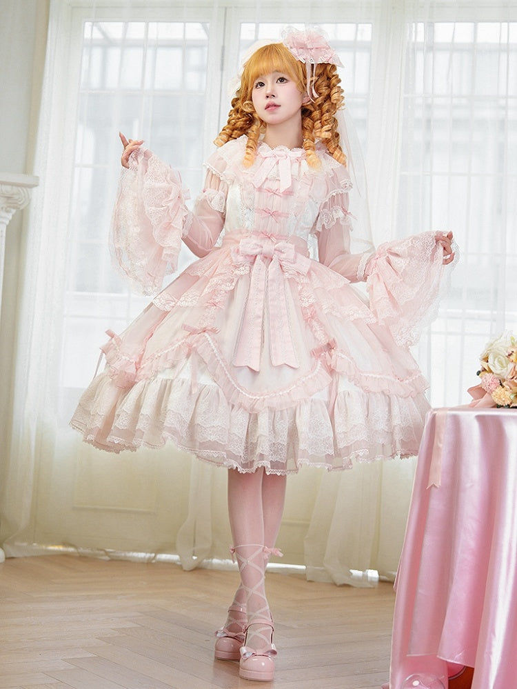 Pink Scalloped Edge Trim Overlay Skirt Princess Lolita Dress with Detachable Sleeves