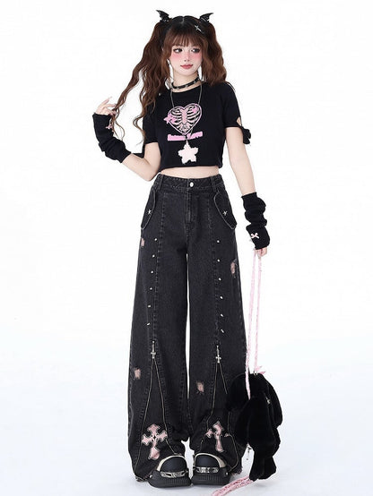 Studs Detail Black Punk Zips Design High Waist Jeans