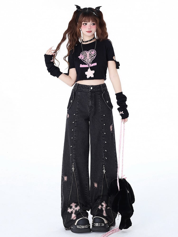 Studs Detail Black Punk Zips Design High Waist Jeans