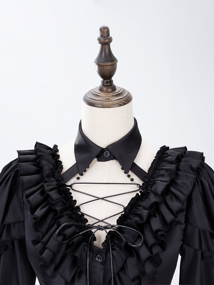 All Black Lace-up Ruffled V-neck Long Sleeves Backless Shirt