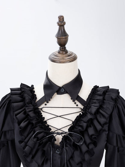 All Black Lace-up Ruffled V-neck Long Sleeves Backless Shirt