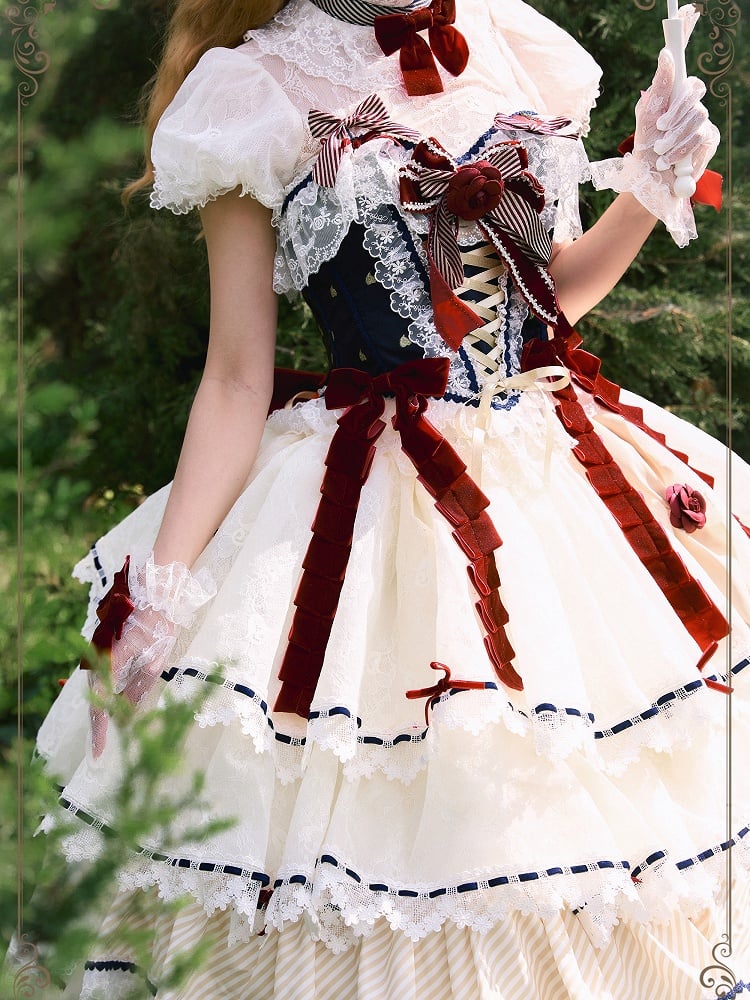 Snow White Vibes Dark Blue and Red Boned Corset Top + Tiered Skirt Gorgeous Hime Lolita Full Set