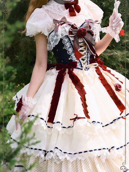 Snow White Vibes Dark Blue and Red Boned Corset Top + Tiered Skirt Gorgeous Hime Lolita Full Set