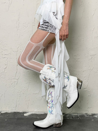 White/Black Y2K Striped Pattern Fishnet Suspender Tights