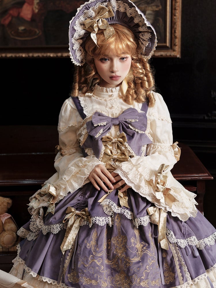 Black / Red / Pink / Gold Bows Decorated Beige Long Sleeves Blouse