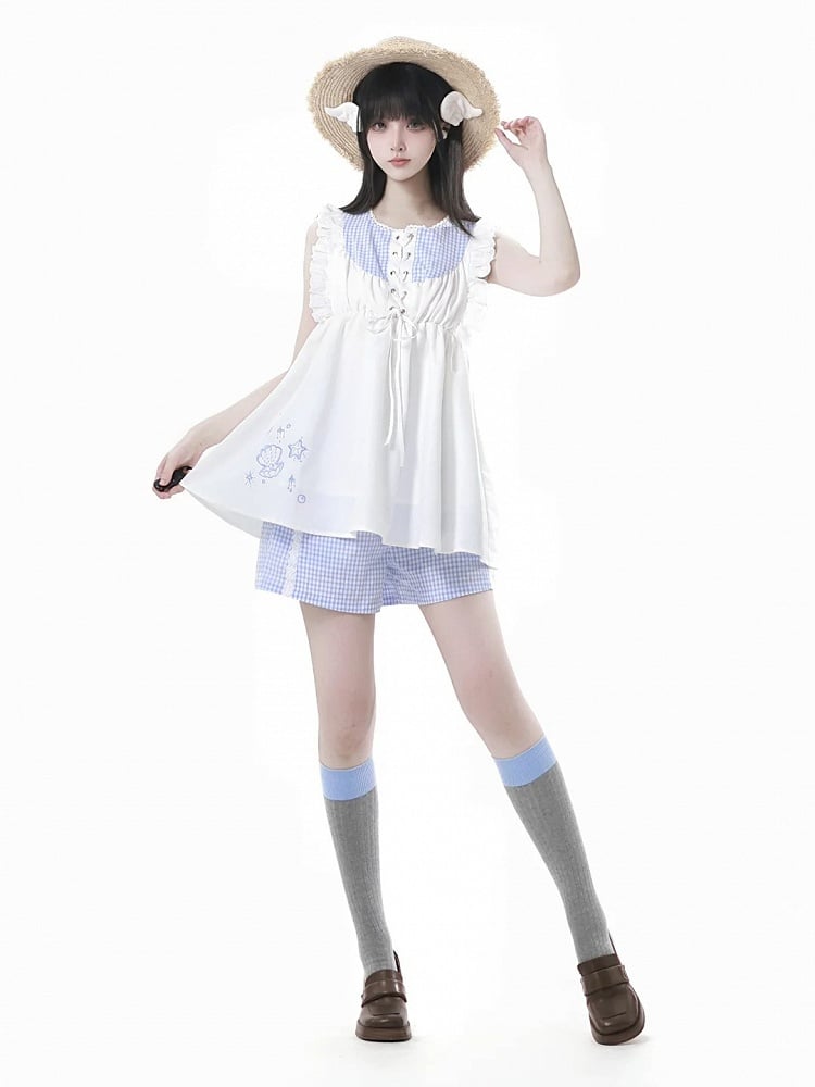 Seashell and Starfish Embroidery White and Blue Plaid Lace-up Front Flutter Sleeves Top