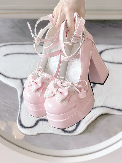 Pink Lace Trim Bow at Top Heart Buckles Crisscross Design Platform High Block Heels