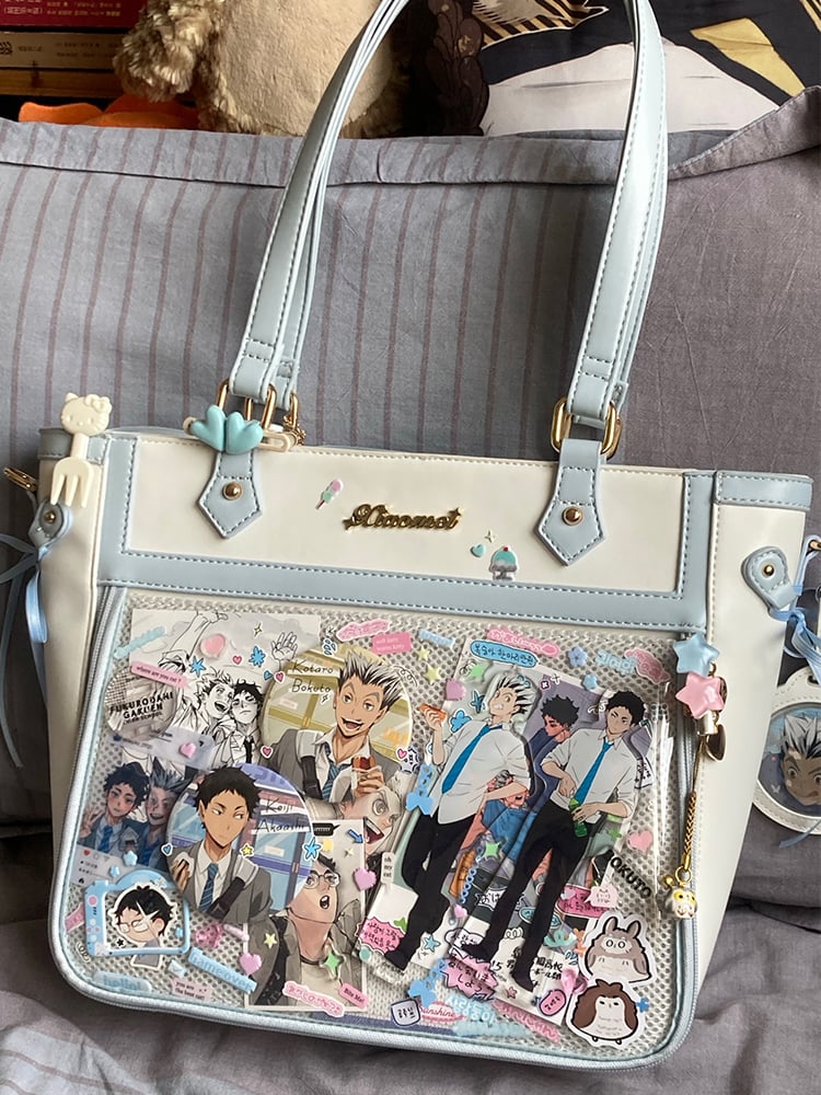 White and Blue Bowknot and Heart-shaped Charm Ita Bag