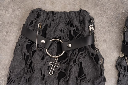 Cross Decorated Distressed Holes Dark Gray Gothic Leg Warmers