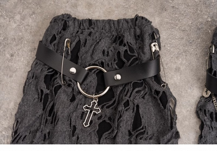 Cross Decorated Distressed Holes Dark Gray Gothic Leg Warmers