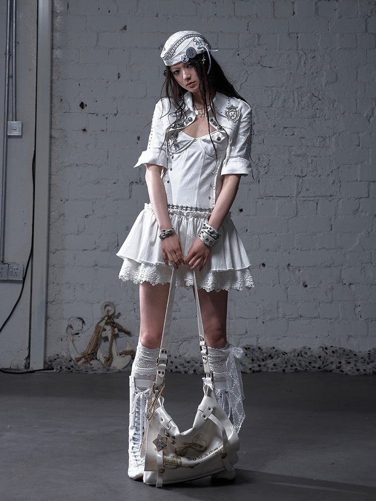 Black/White Pointed Flat Collar Studs and Metal Buttons Open Placket Navycore Top