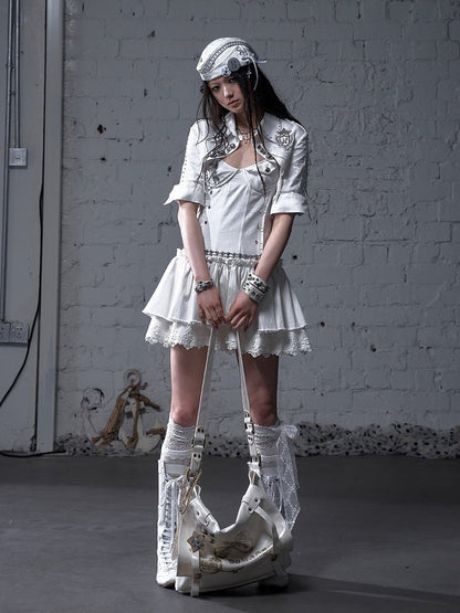 Black/White Pointed Flat Collar Studs and Metal Buttons Open Placket Navycore Top