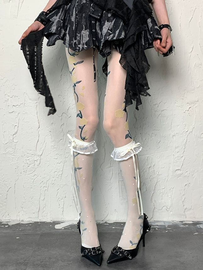 White Y2K Polka-dot Pattern Ruffles Trim Self-tie Strap Under-knee Stockings